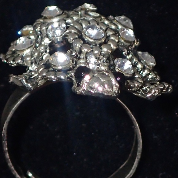 Vintage Ring Crystal Turtle Silver Adjustable Band Size 7 A Statement Piece Rare - Picture 5 of 12